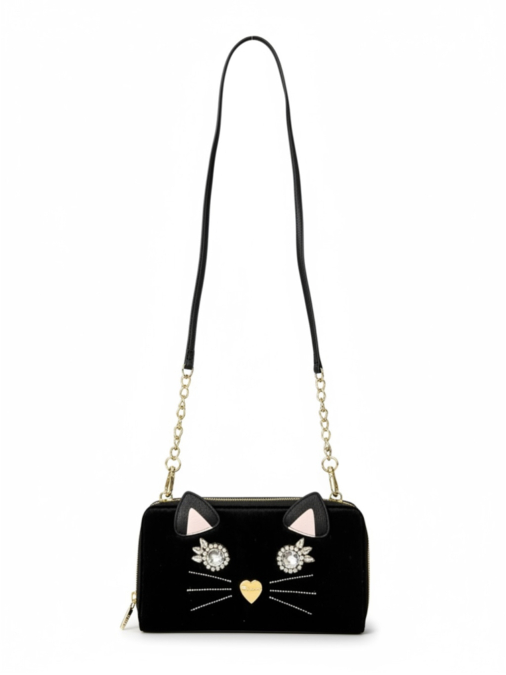 Betsey Johnson Black Cat Crossbody Bag With Crystal Eyes